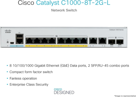 Cisco Catalyst 1000-8T-2G-L Network Switch, 8 portas Gigabit Ethernet (GbE), 2 portas combinadas SFP/RJ-45