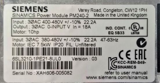 Movimentação do inversor da C.A. do módulo de potência 7.5kW 380-480V de Siemens 6SL3210-1PE21-8UL0 G120